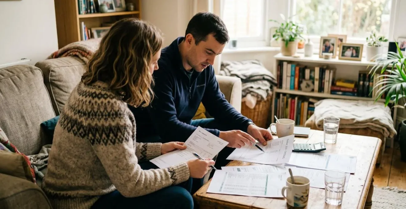 Un couple assis sur un canapé examine des documents financiers étalés sur une table basse, expression concentrée, dans un salon baigné de lumière naturelle