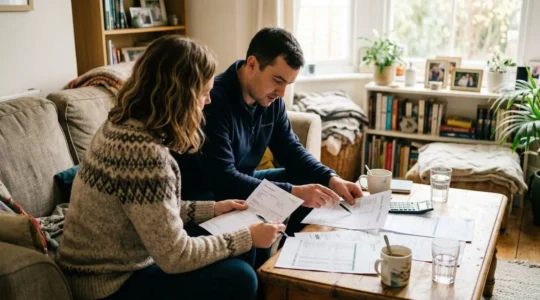 Un couple assis sur un canapé examine des documents financiers étalés sur une table basse, expression concentrée, dans un salon baigné de lumière naturelle