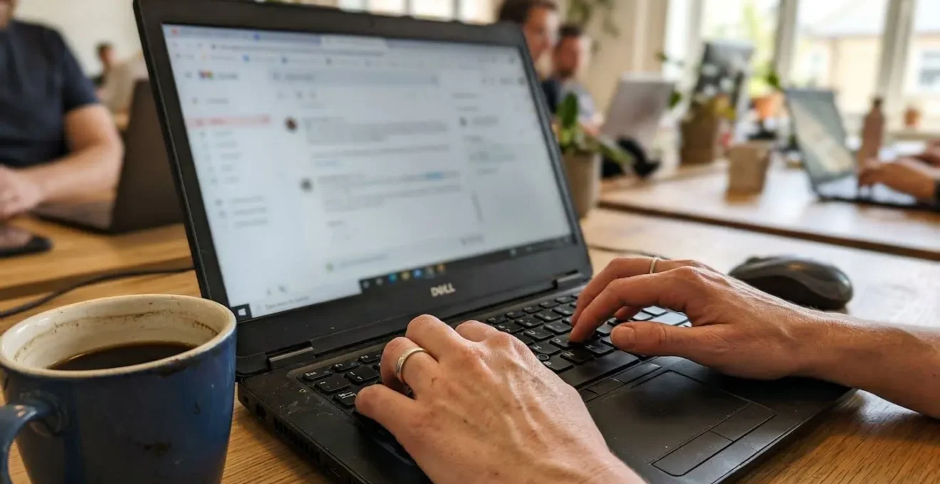 Des mains tapent sur un clavier d'ordinateur portable posé sur un bureau, une tasse de café à côté, écran flouté en arrière-plan