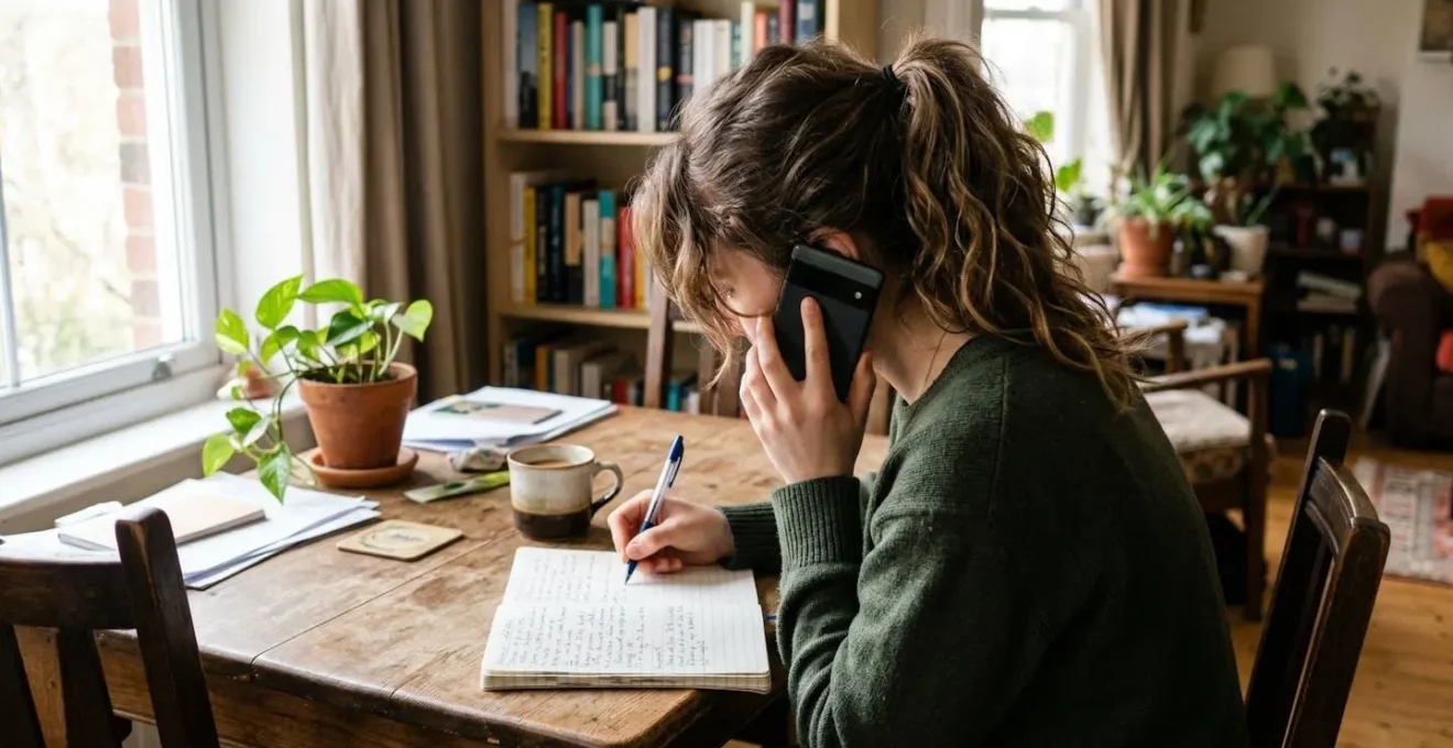 Une personne au téléphone prend des notes manuscrites sur un carnet, dans un environnement domestique décontracté baigné de lumière naturelle