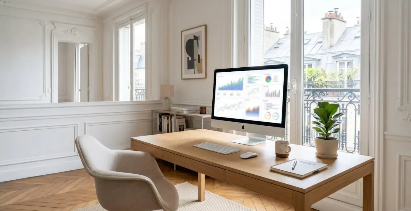 Bureau contemporain lumineux avec écran d'ordinateur affichant des graphiques financiers totalement floutés, plantes vertes et lumière naturelle