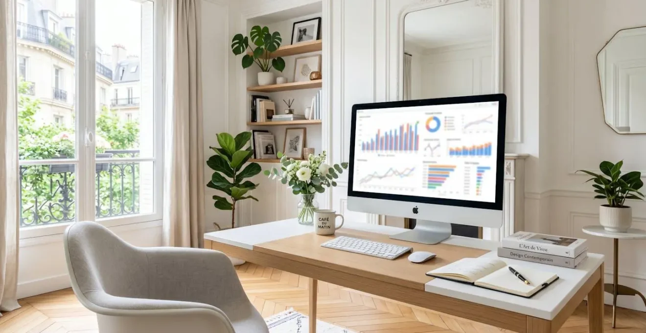 Bureau contemporain lumineux avec écran d'ordinateur affichant des graphiques financiers totalement floutés, plantes vertes et lumière naturelle