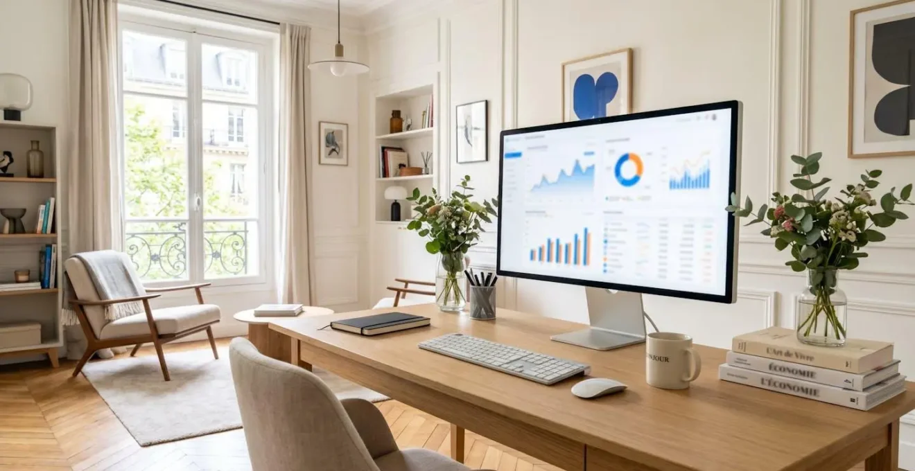 Bureau contemporain lumineux avec écran d'ordinateur affichant des graphiques financiers totalement floutés, plantes vertes et lumière naturelle