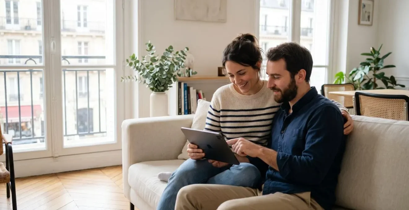 Un couple trentenaire consulte ensemble des données financières sur une tablette dans un salon contemporain lumineux
