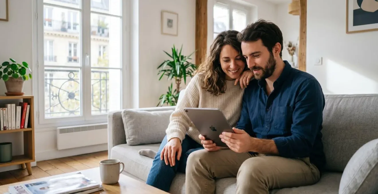 Un couple trentenaire consulte ensemble des données financières sur une tablette dans un salon contemporain lumineux
