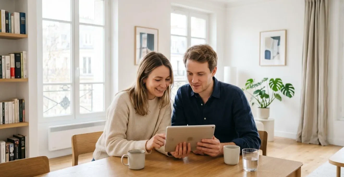 Un couple trentenaire consulte ensemble des données financières sur une tablette dans un salon contemporain lumineux