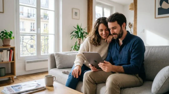 Un couple trentenaire consulte ensemble des données financières sur une tablette dans un salon contemporain lumineux