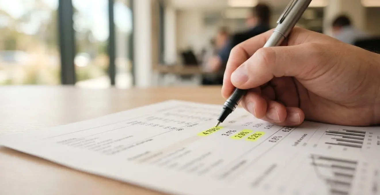 Gros plan macro sur une main avec un stylo surlignant des taux de pourcentage sur un document financier imprimé