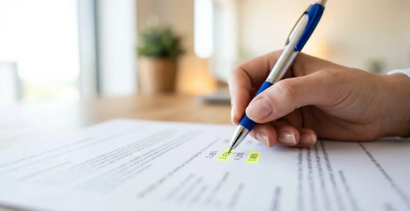 Gros plan macro sur une main avec un stylo surlignant des taux de pourcentage sur un document financier imprimé