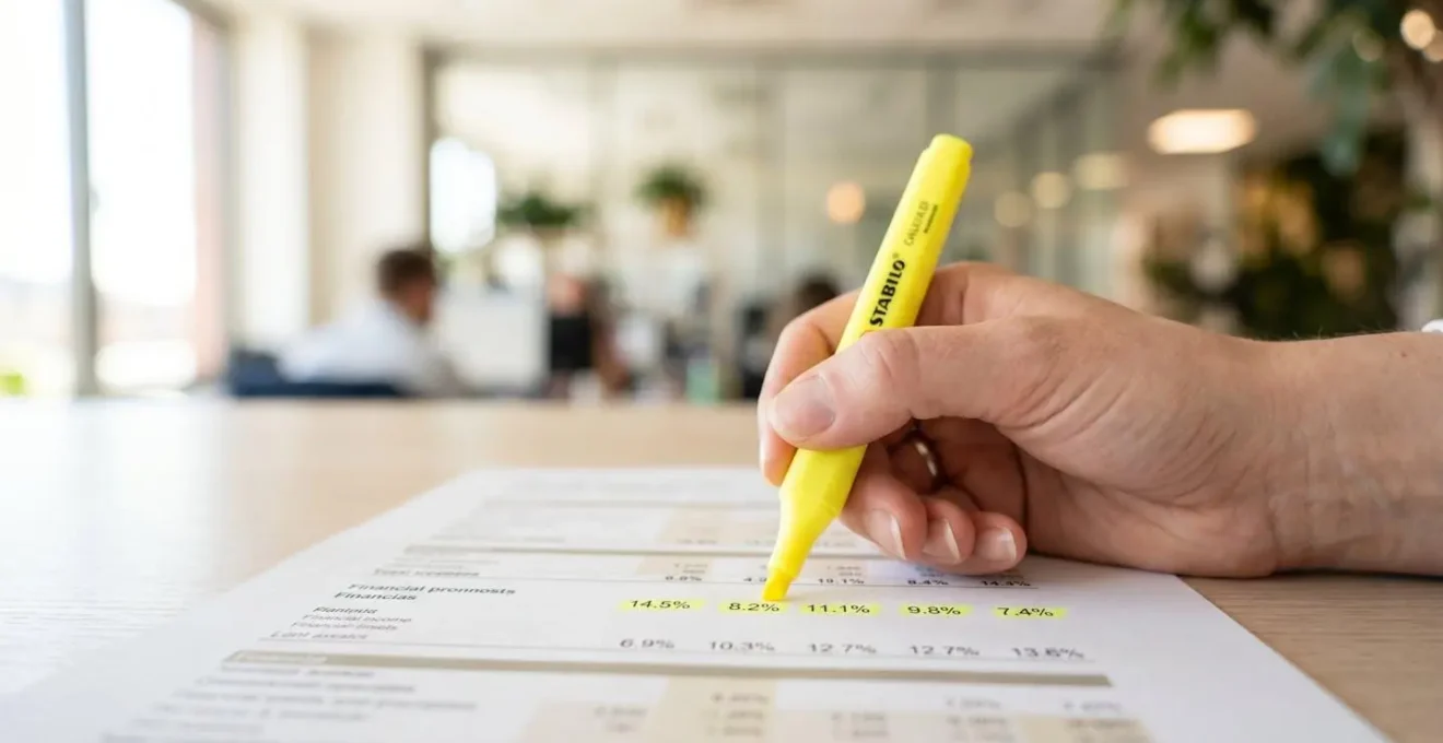 Gros plan macro sur une main avec un stylo surlignant des taux de pourcentage sur un document financier imprimé